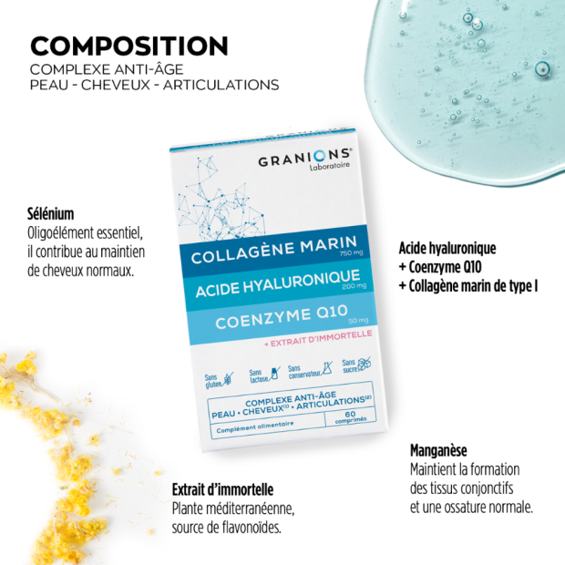 Collagène Marin Acide Hyaluronique Coenzyme Q10, 60 comprimés