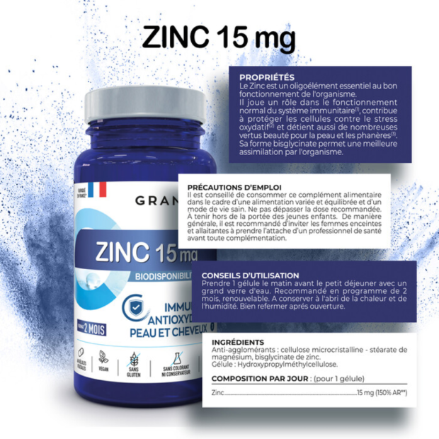 Bisglycinate de Zinc 15 mg, 60 gélules végétales - 2 mois