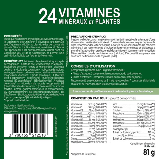 Granions 24 Vitamines Minéraux et Plantes Sénior, 90 comprimés | Parashop.com