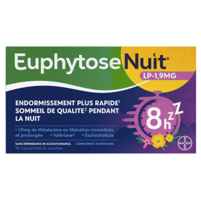 Bayer EUPHYTOSE NUIT Sommeil Mélatonine 1,9g Libération Prolongée, 15 Capsules | Parashop.com