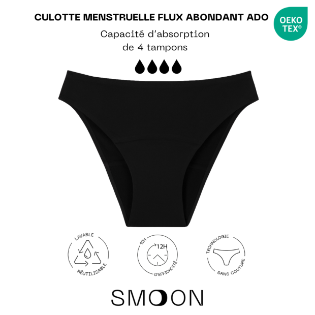 Culotte Menstruelle Sans Couture Flux Abondant Ado Noir T10-12Ans