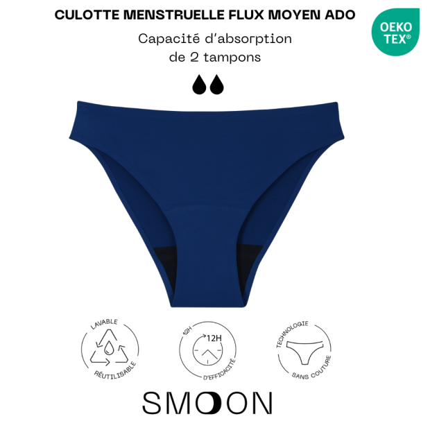 Culotte Menstruelle Sans Couture Flux Moyen Ado Bleu Marine T14-16Ans