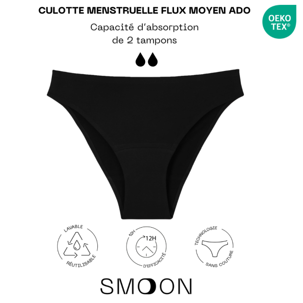 Culotte menstruelle sans couture flux moyen ado noir T12-14ans