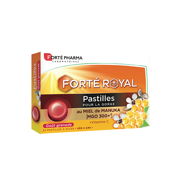 Forte Pharma FORTEROYAL Pastilles Pour la Gorge Miel de Manuka Goût Grenade, 24 pastilles à sucer | Parashop.com