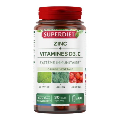 Zinc + Vitamine D3 & C Système Immunitair Origine Végétale 30 Jours, 60 Gélules