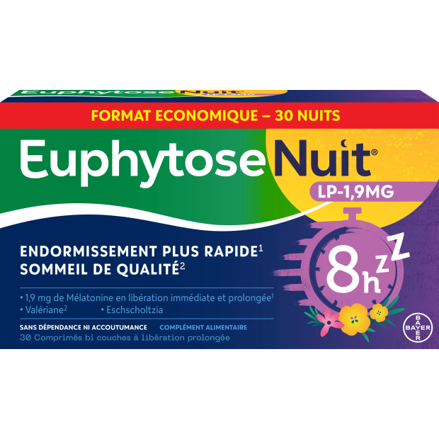 Bayer EUPHYTOSE NUIT LP 1,9 mg Mélatonine Comprimés à Libération Prolongée, 30 comprimés | Parashop.com