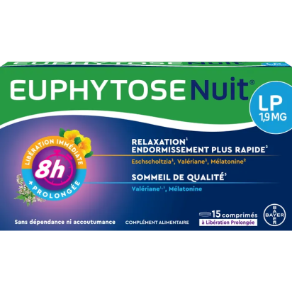 Bayer EUPHYTOSE NUIT Sommeil Mélatonine 1,9g Libération Prolongée, 15 Capsules | Parashop.com