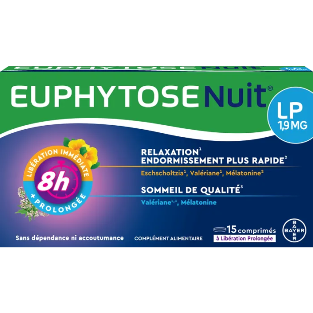 Bayer EUPHYTOSE NUIT Sommeil Mélatonine 1,9g Libération Prolongée, 15 Capsules | Parashop.com